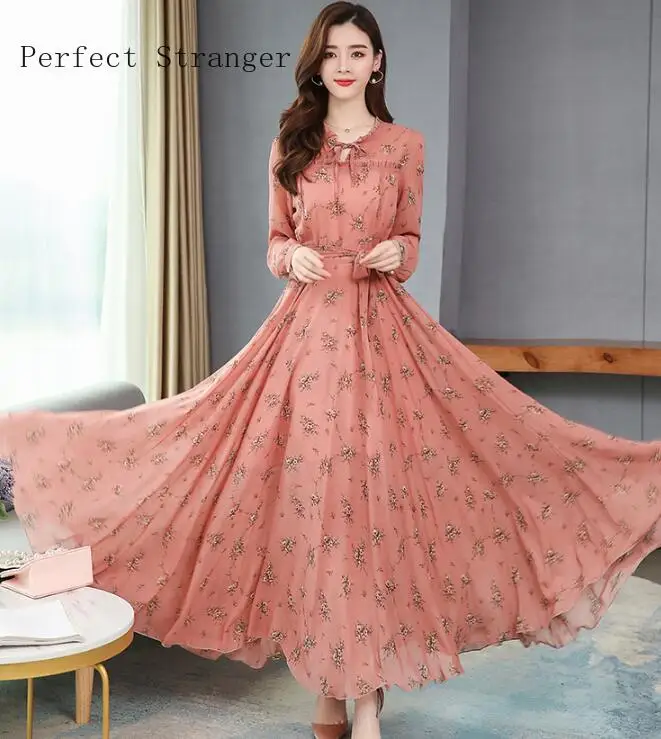 

Высокое качество 2021 Весна новое поступление богемный стиль круглый воротник цветочный принт женское шифоновое длинное платье размера плюс S-4XL