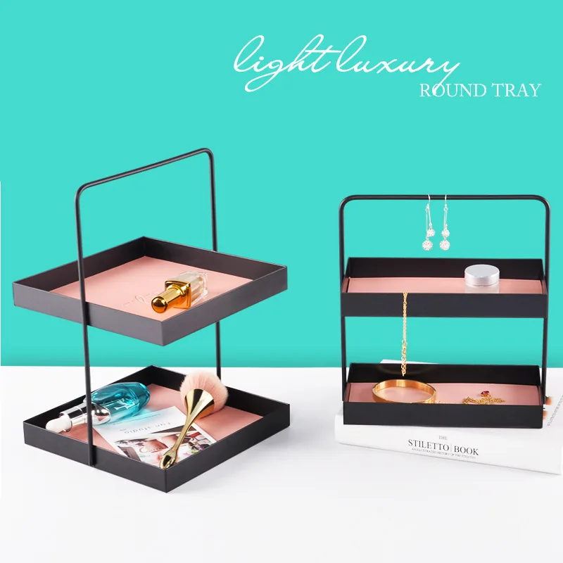 

Double Layer Leather Pad Metal Storage Tray Entrance Dining Tray Debris Cosmetic Jewelry Organizing Tray Snack Tea Tray