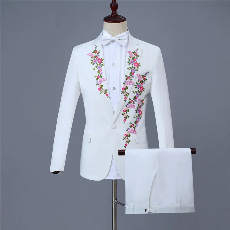as picture Fashion men's 4 flower embroidered suit set wedding prom party casual slim lapel white business suit(coat+ pant - Color: as picture