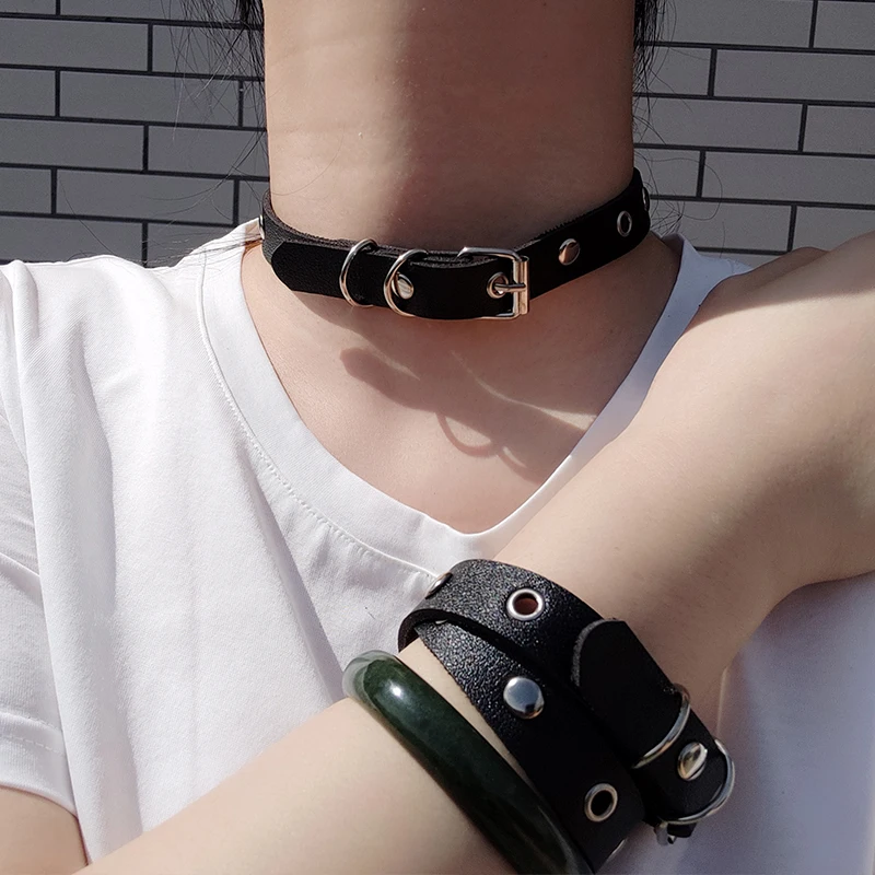 3 Pcs Punk Leather Choker Necklace Bracelets Set Punk Chokers for Women  Gothic Adjustable Leather Collar Spike Rivet Cuff