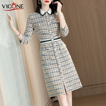 

VICONE Elegant Women Woolen Tweed Dress Party Slim Bodycon Sexy Skinny Autumn Spring Dresses Vestidos Temperament