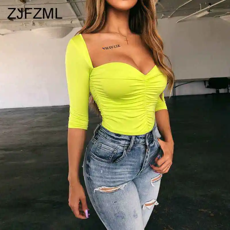 

Square Neck Neon Ruched Bandage Bodysuit Women Long Sleeve Open Back Solid Bodycon Jumpsuit Causal Short One Piece Overalls