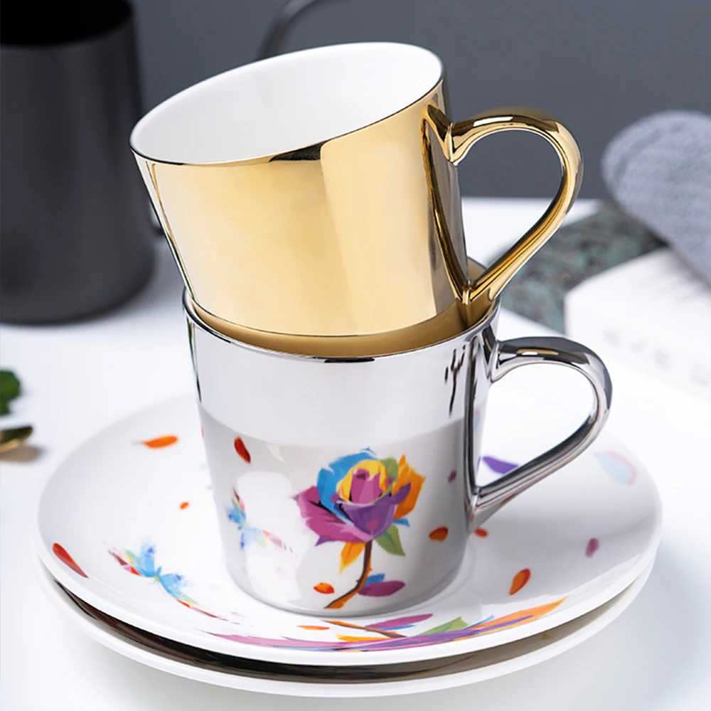 

Light Luxury European New Design Gold And Silver Mug Ceramic Coffee Mug Tea Milk Cup And Spoon Mirror Cup Porcelain As Gift Bar