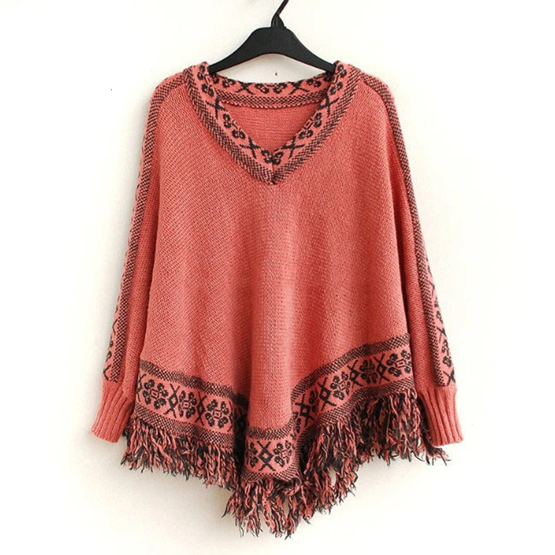 Autumn and Winter New Korean Style Tassel Shawl Cloak V-neck Loose Sweater Coat Large Size sweater Upper Sweater 2019 Autumn and Winter New Korean Style Tassel Shawl Cloak V-neck Loose Sweater Coat Large Size sweater Upper Sweater 2019