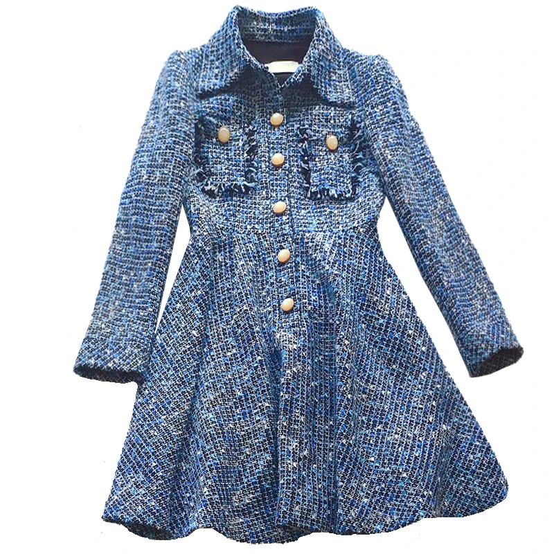 

Patry Dresses Brand Fashion Women's High-end Luxury Autumn Elegant Temperament Lady Long-sleeved Blue Tweed Dress