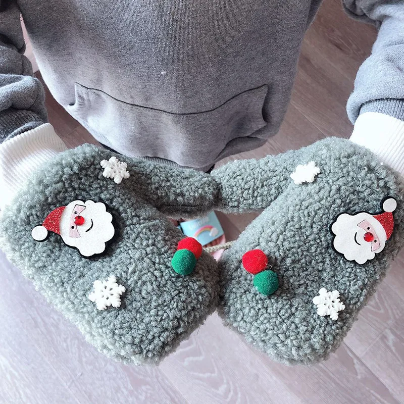 green Warmom/Детские Зимние перчатки из овечьей шерсти, утепленные рождественские варежки Санта-Снежинка для маленьких мальчиков и девочек, теплые плюшевые варежки на палец для От 3 до 8 лет - Цвет: green