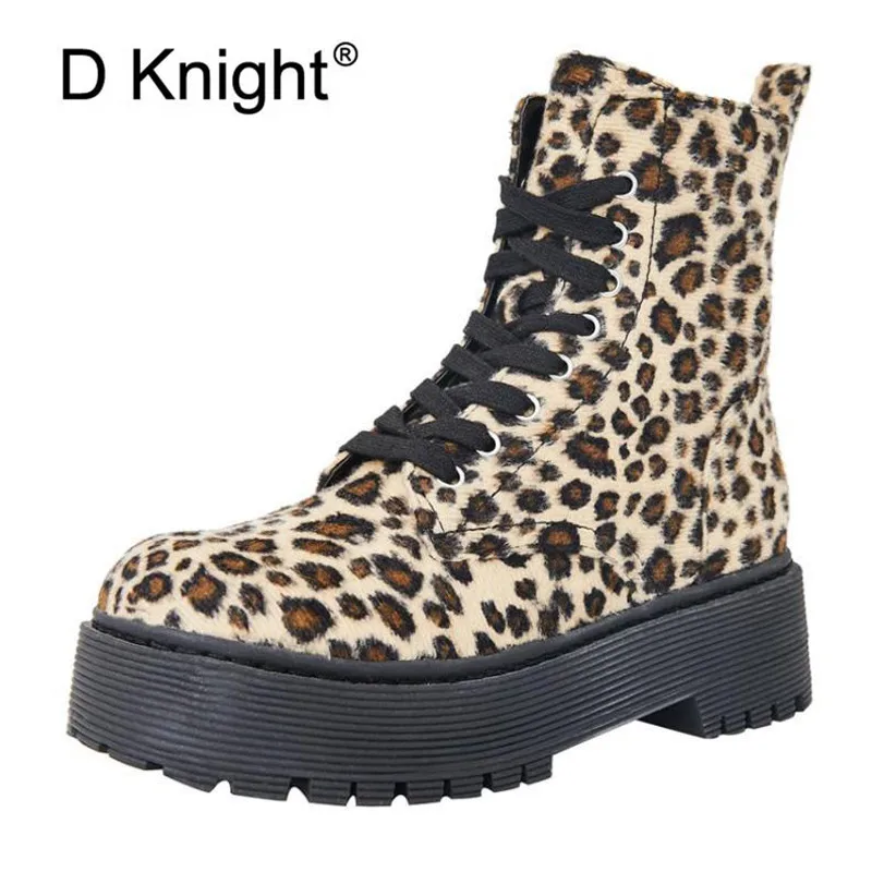 

Punk Women Ankle Boots Patent Leather Platform Boot High Tops Leopard Boot Lace Up Autumn Winter Botas Mujer Shoes Woman Size 44