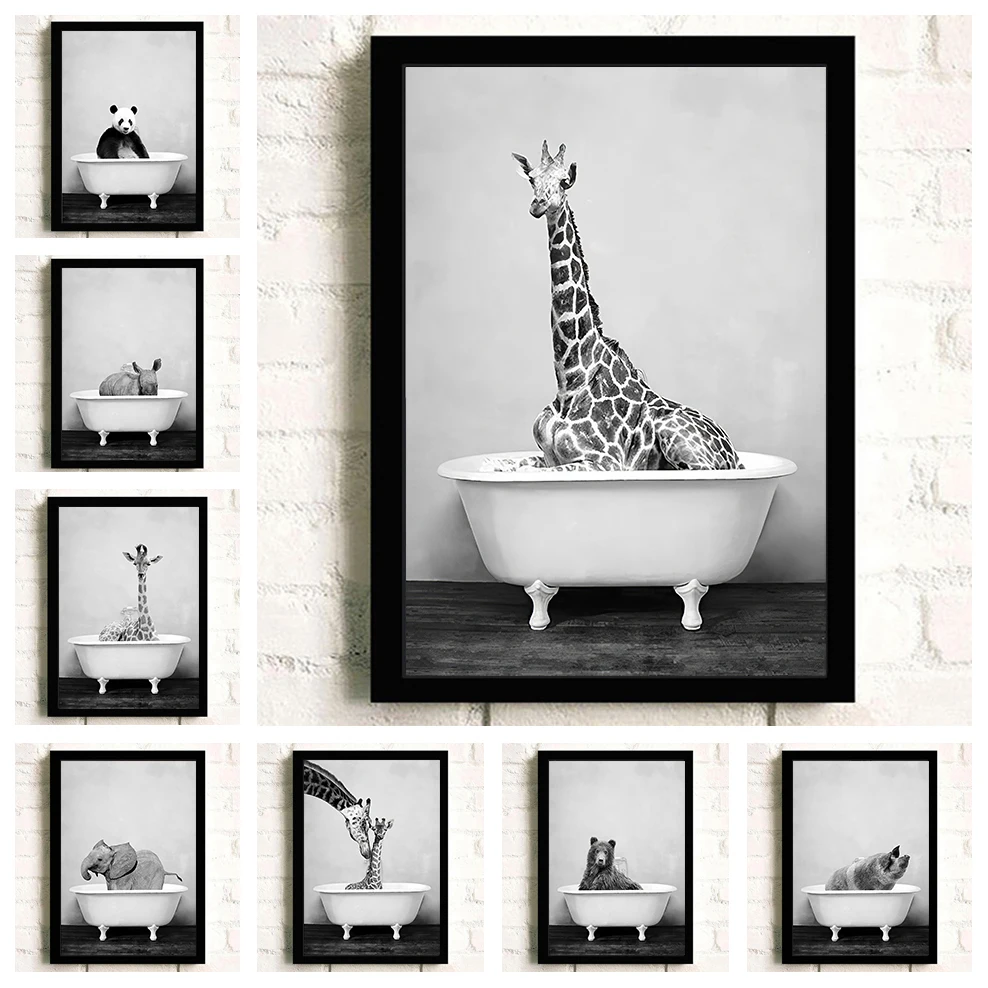 Home Décor Black and White Bathroom Poster Giraffe in a bathtub Animal ...