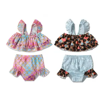 

2PCS Summer Princesses & Fairies Fashion Kids Girl Mermaid Set Fish Scale Print Bathing Swimsuit Swimwear Costume