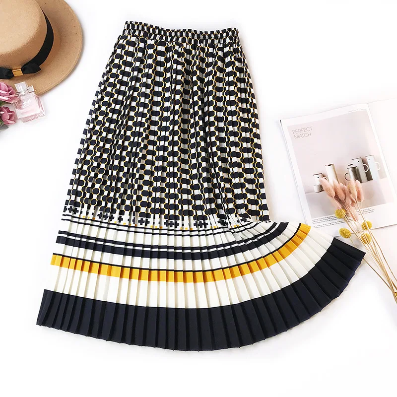 

Vintage Pleated skirt womens high waist long korean skirt 2019 summer printed gothic polka dot skirt faldas largas verano 2019