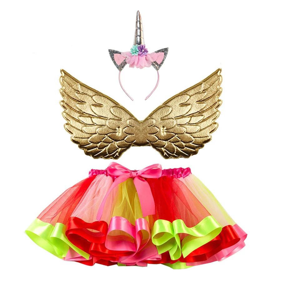 Детская праздничная одежда принцессы пони; праздничный костюм радуги; Набор для волос с крыльями; юбка-пачка с единорогом для девочек; Рождественская юбка-пачка - Цвет: 3pcs set