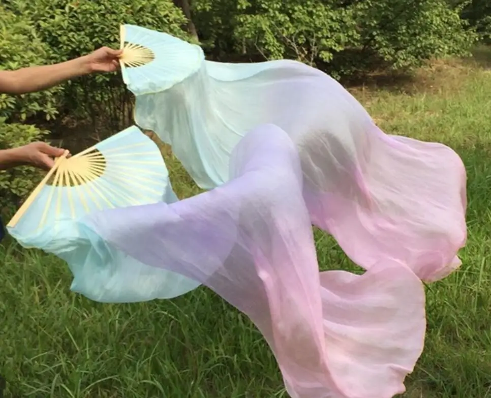 1 Pair 70"x35" Belly Dance Silk Fan Veils White Royal Blue Horizontal Gradient Bamboo Long Fans Veil For Women Kids Wholesale - Цвет: as picture