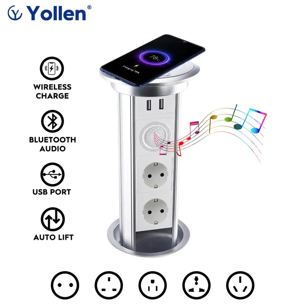 EUR Socket Table Auto lift Electric USB Smart Home TUYA APP Remote Control Bluetooth Audio Desk Wireless Charge Kitchen cabinet