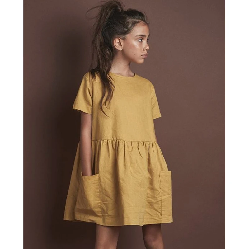 Cotton Linen Summer Girl Dress Casual Short Sleeve Kids Holiday Dress With Pockets girls dress kids clothes