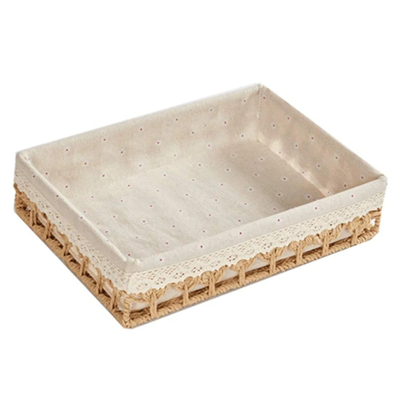 Storage Basket Rattan Snack Key Storage Box Cloth Debris Storage Box Desktop, Khaki, Large
