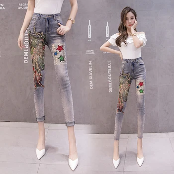 

2019 autumn new women's jeans embroidered sequins Korean version of the high waist Phoenix thin denim nine pants women