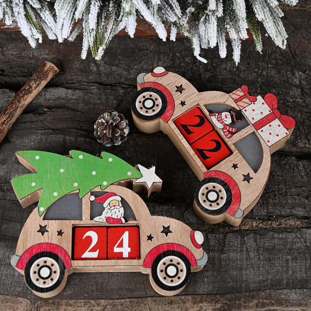 Christmas Advent Countdown Calendar Wooden Santa Claus Snowman Reindeer Pattern With Painted Blocks Holiday Home Ornament Decor