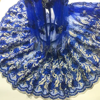 

Latest Blue Tulle Lace Fabric High Quality Europe And America Fashion Fabric With Beads 3d Embroidery French lace Fabrics M2586