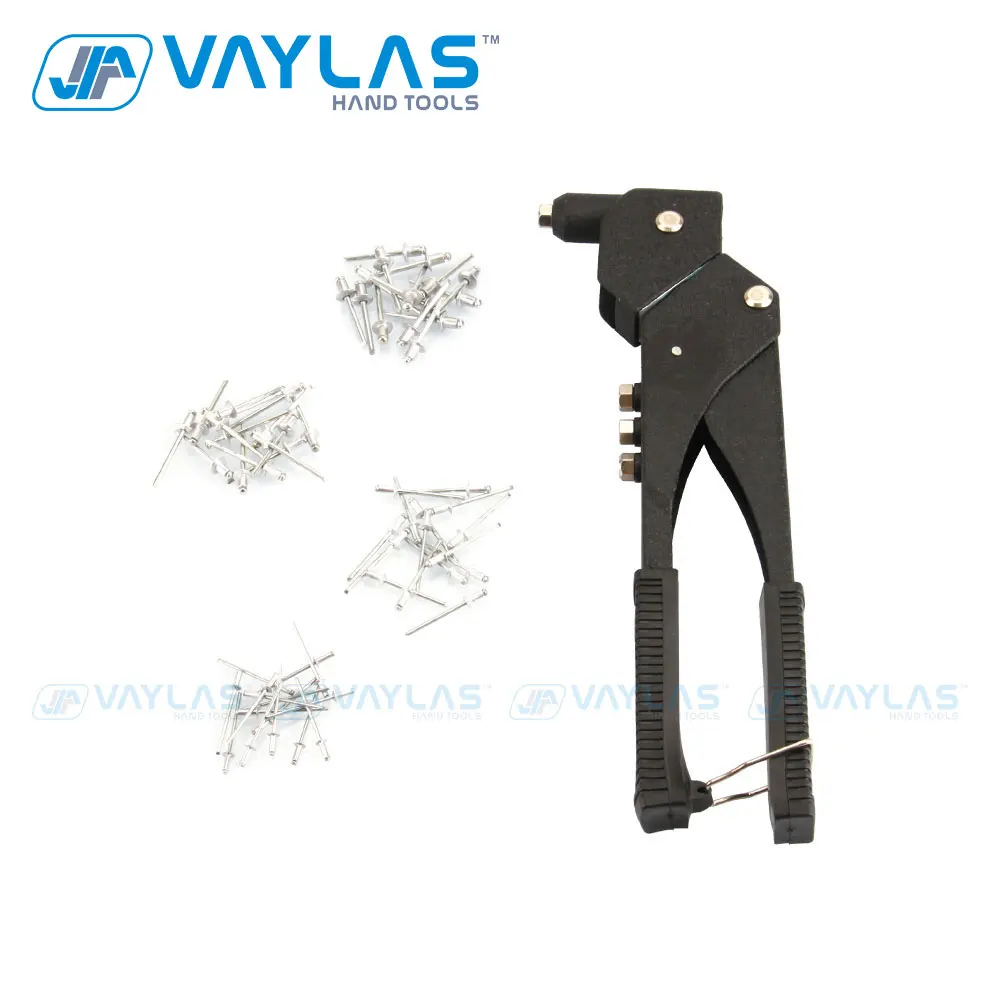 

VAYLAS Rivet Gun with Swivel Head Hand Riveter Interchangeable Nozzles with 60pcs Aluminium Rivets Universal Repair Hand Tools