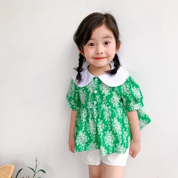 

girls tops green color sweet floral pattern cotton baby girls tops