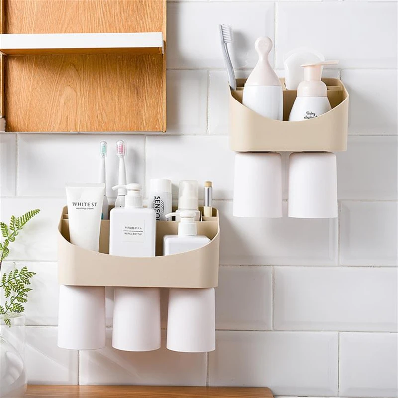 Creative Wall-Mounted Toothbrush Holders Magnetic Suction Bathroom Tumblers Set Bathroom Multifunction Cosmetic Dust-Proof Racks