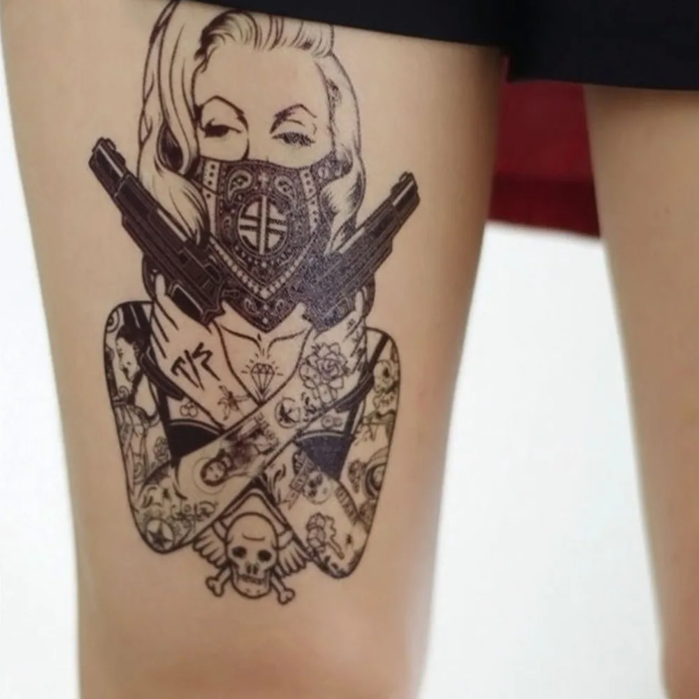 Waterproof Girl With Guns Temporary Tattoo Large Arm Body Art Tattoos Sticker