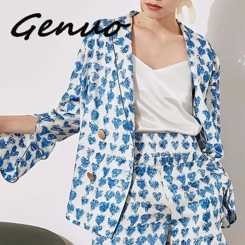 

Genuo New Elegant Print Blazer Shorts Suits Female Flare Sleeve Coats Tops High Waist Shorts Two Piece Sets Women Fashion New