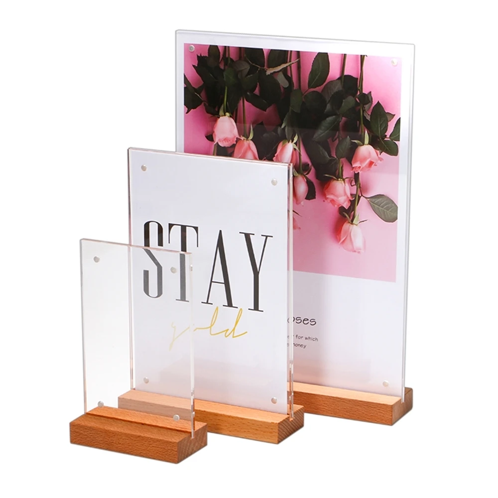 A6/a5/a4 Oak Wood Acrylic Desk Sign Menu Card Holder Price Tag Display Strong Magnetic Poster Frame for Restaurant Advertising aluminum alloy strong magnetic desktop display stand a5 table brand table sign a6 price standing brand beauty salon price tag