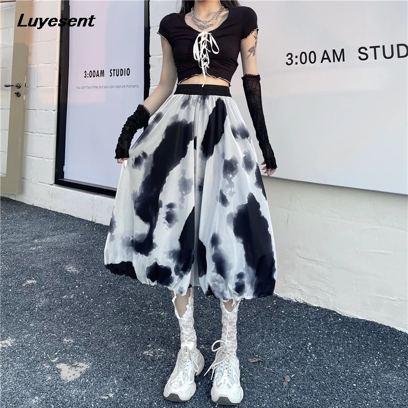 

Chinese Style Elastic High Waist Black White Women Harajuku Skirts Gothic Ink Printed Lady Long Skirt Goth Korean Fashion Cloth