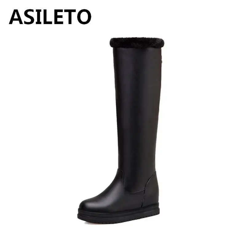 ASILETO Round Toe Flat Zipper Warm Solid Wool Sock Short Plush Knee High Faux Leather Snow Boots Black White Pink Size 34-43