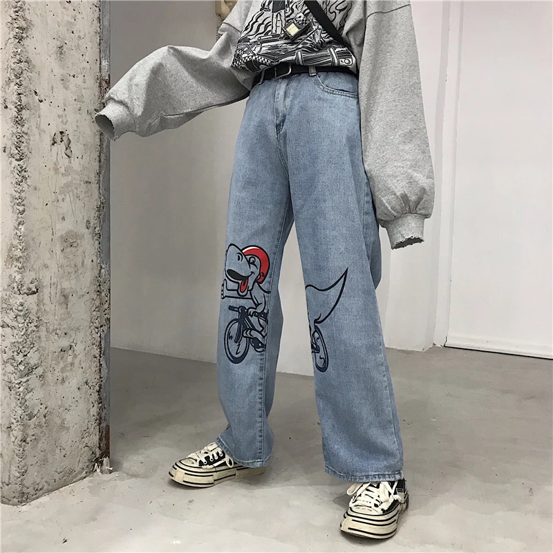 Новые джинсы для женщин Harajuku Мультяшные джинсы милые джинсы динозавра свободные брюки с высокой талией хлопковые женские брюки уличная одежда Комбинезоны