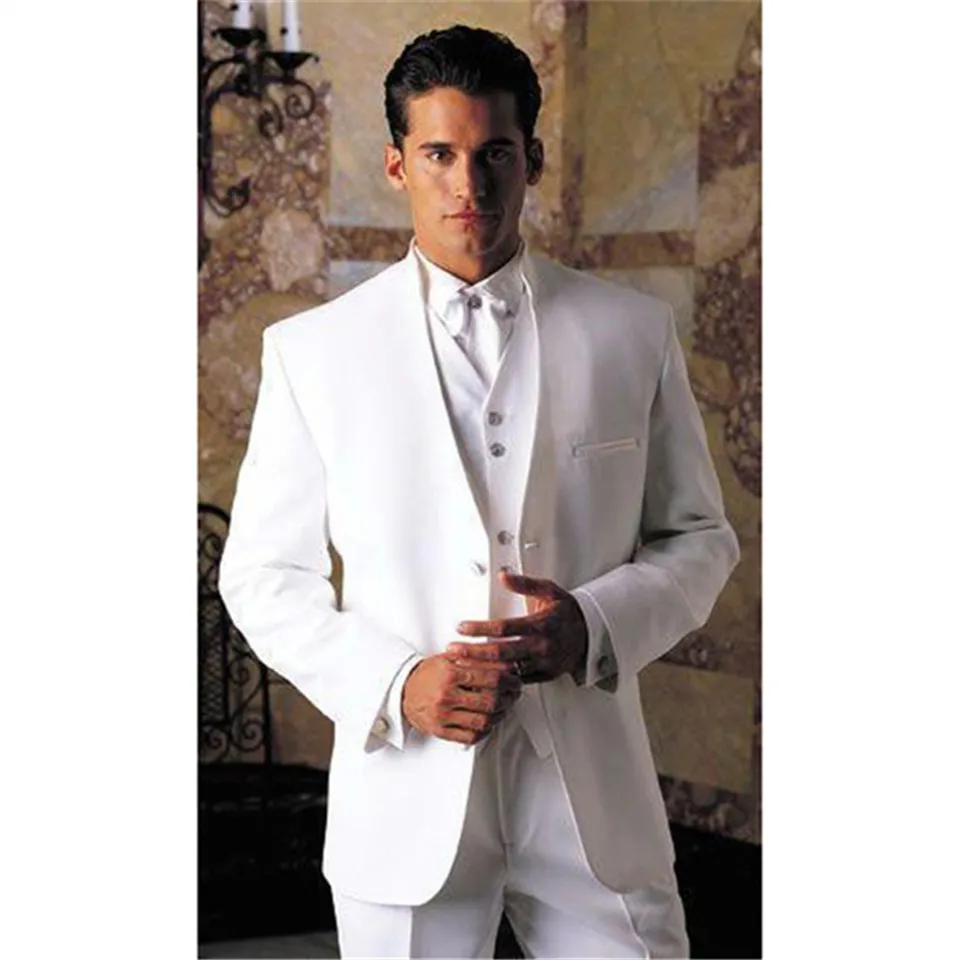 

Men' Suit New Arrival white tuxedos men suit stand collar Blazer Party groom Men's suits 3 pieces set (jacket+pants+vest)