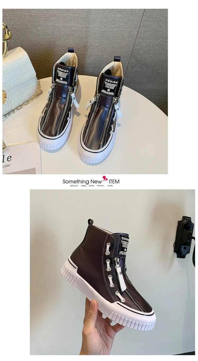 Winter Glitter Color Women High-top PU Sneakers Female Sports Skateboarding Shoes Zipper Plus Velvet Shoes Boots Wild Sneakers