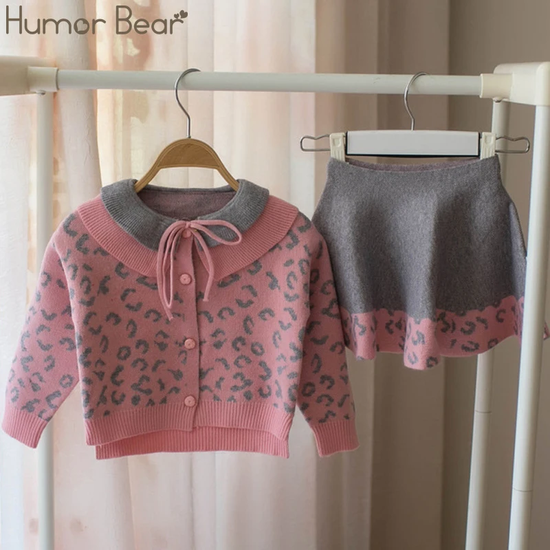 Humor Bear/зимний комплект одежды для девочек платье с геометрическим узором вязаная одежда для девочек пальто с длинными рукавами+ юбка, свитер из 2 предметов