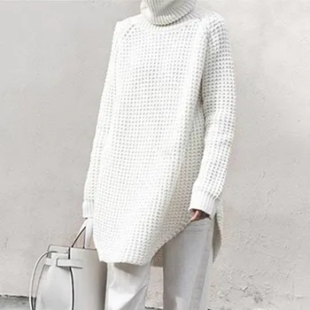 

Hollow Out Sweater For Women Turtleneck Split Long Sleeve Midi Knitting Jumper 2019 Spring Thick Casual Clothing