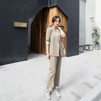

Women's suit 2019 autumn new casual fashion temperament loose solid color double-breasted small suit trousers two-piece