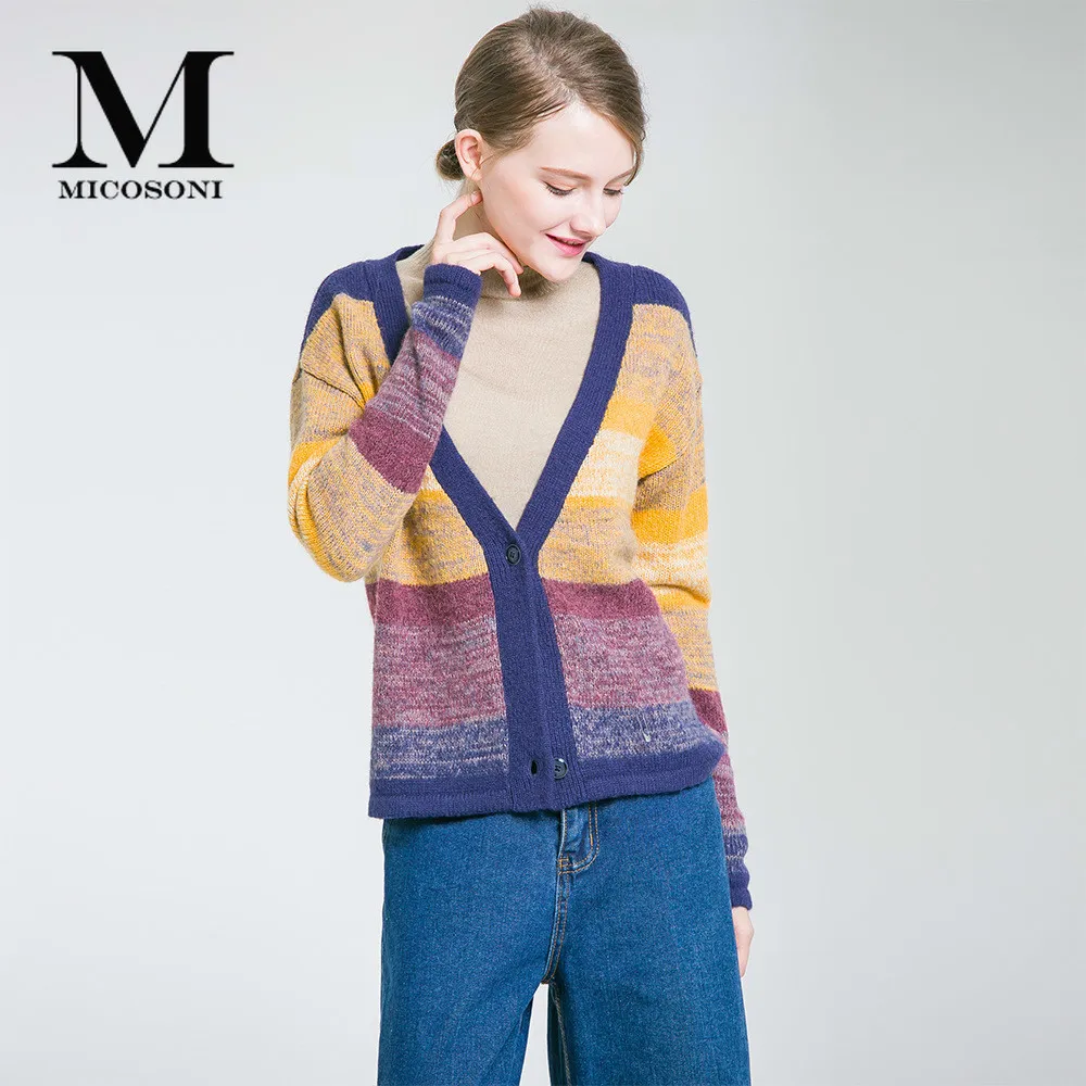 

Micosoni Autumn 2019 Women's New V-neck Long Sleeve 12% Wool Seven-color Stitching Single-row Cardigans Women's Runway Sweater
