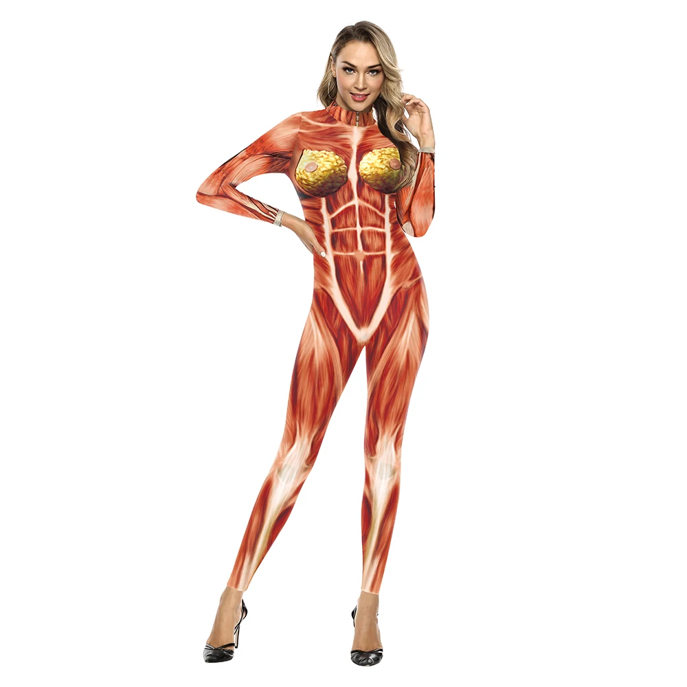 FCCEXIO Cosplay Halloween Bodysuits Green Muscle 3D Print Long Sleeve Women Clothing Sexy Skinny Elastic Jumpsuit Muscle Outfit