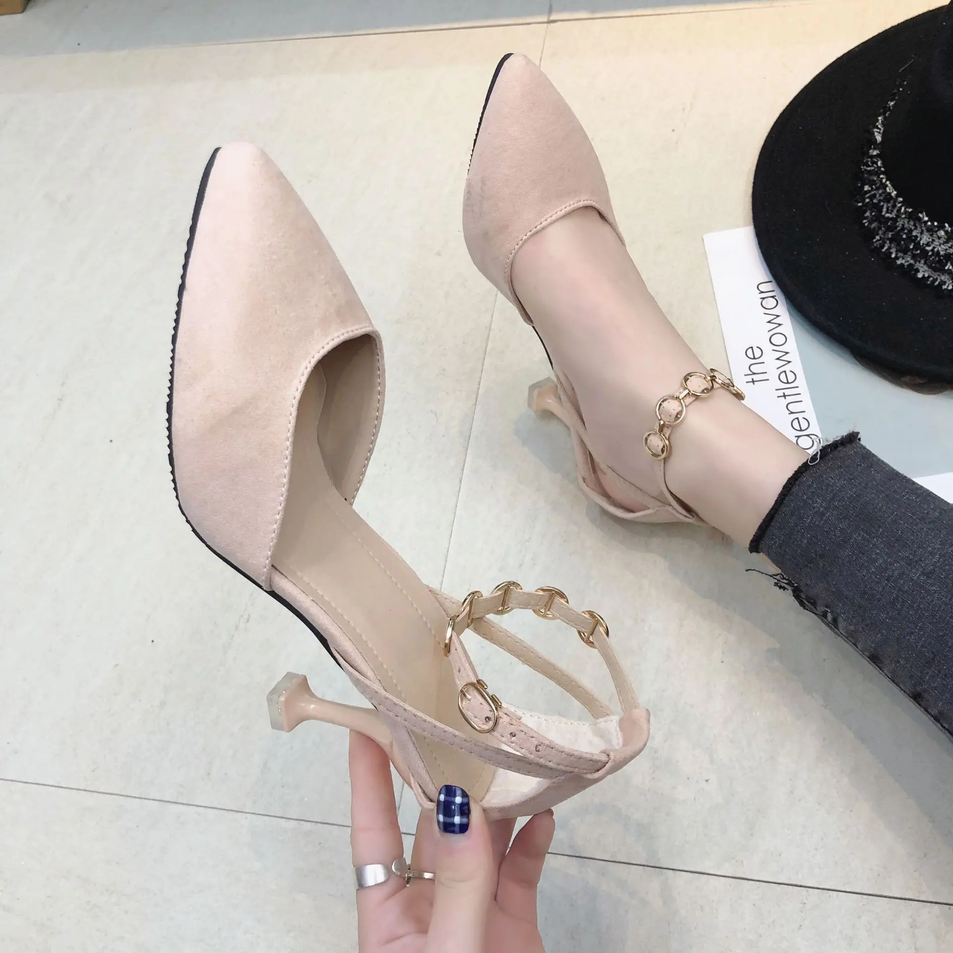 

Sandals Women's Summer 2019 New Style A- line Buckle High Heel Shoes Online Celebrity Versatile GIRL'S Pointed-Toe Kitten Heels