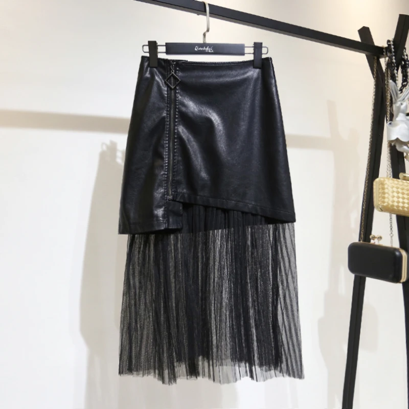 

[LANMREM] 2019 Autumn And Winter New Products Fashion Slim Pack Hip A Word Pleated High Waist Mesh Stitching Skirt PA752