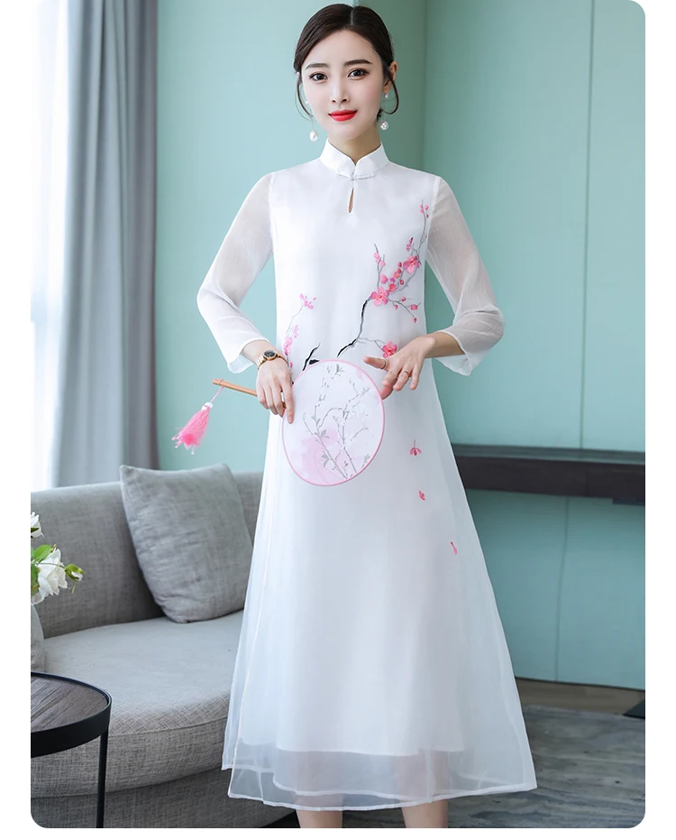Летний Стиль Китайский этнический стиль улучшенное Cheongsam ретро вышивка диск кнопки элегантное платье для женщин