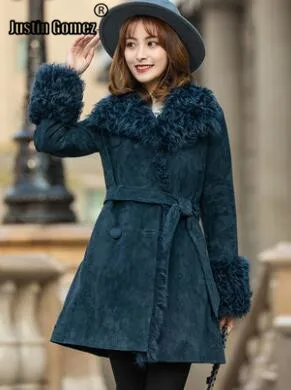 Suede Outside Natural Fur Collar Women's Winter Jackets With Belt Vintage Style Jackets Women Fashion Dropshipping Jacket