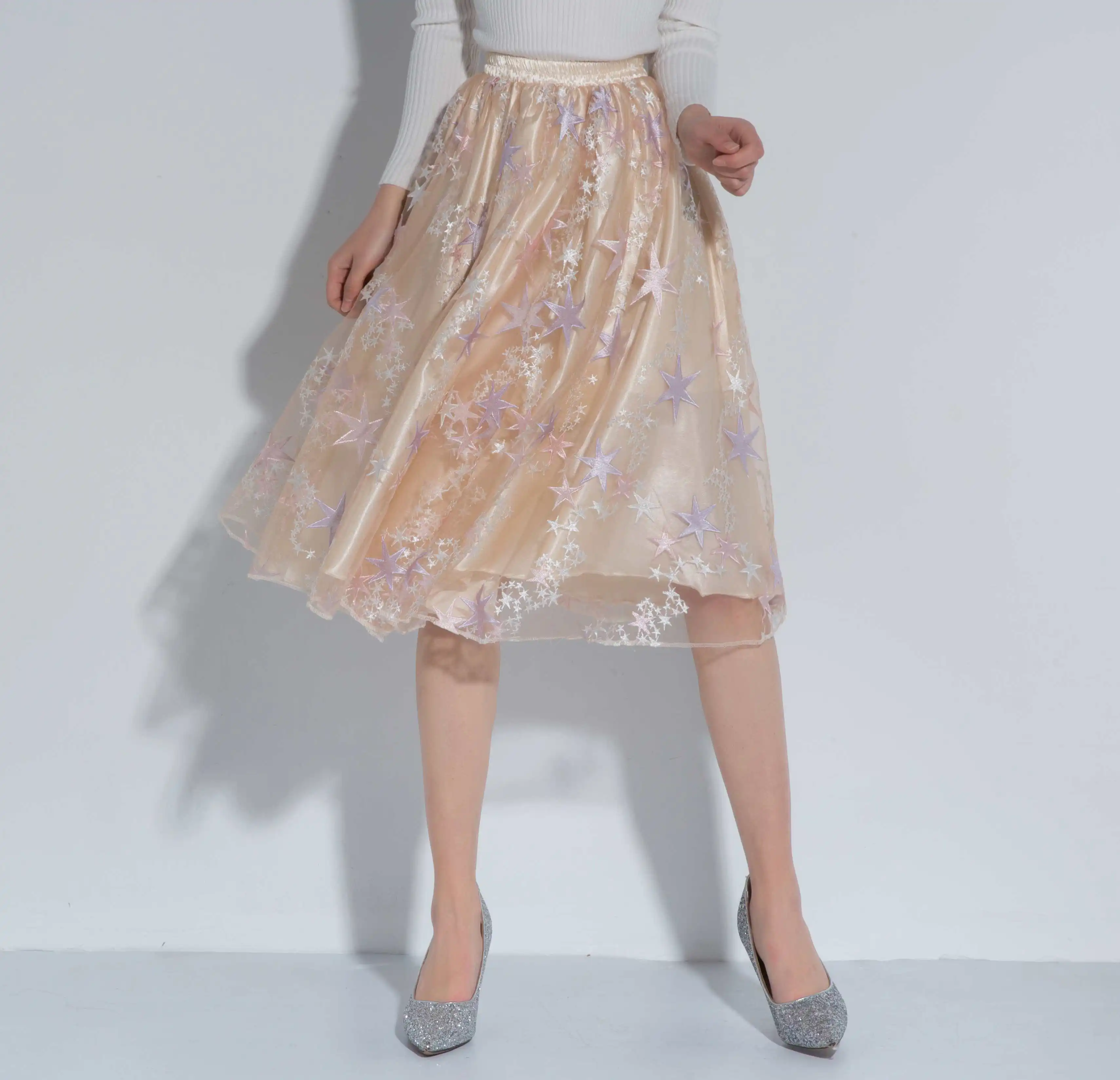 Unique Champagne Star Pattern Petticoat Knee Length High Quality Soft Skirt