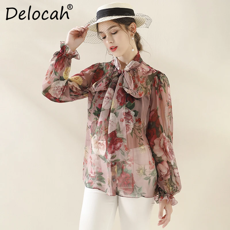 

Delocah Runway Fashion Autumn Silk Shirt Women's Lantern Sleeve Bowknot Floral Printed Ladies Stylish Vintage Loose Tops Blouse