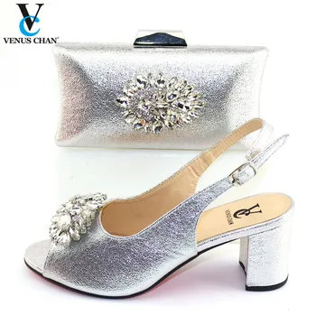 

2020 Silver Color High Quality African Women Shoes and Bag to Match Nigerian Lady Party Shoes and Bag Set with Crystal
