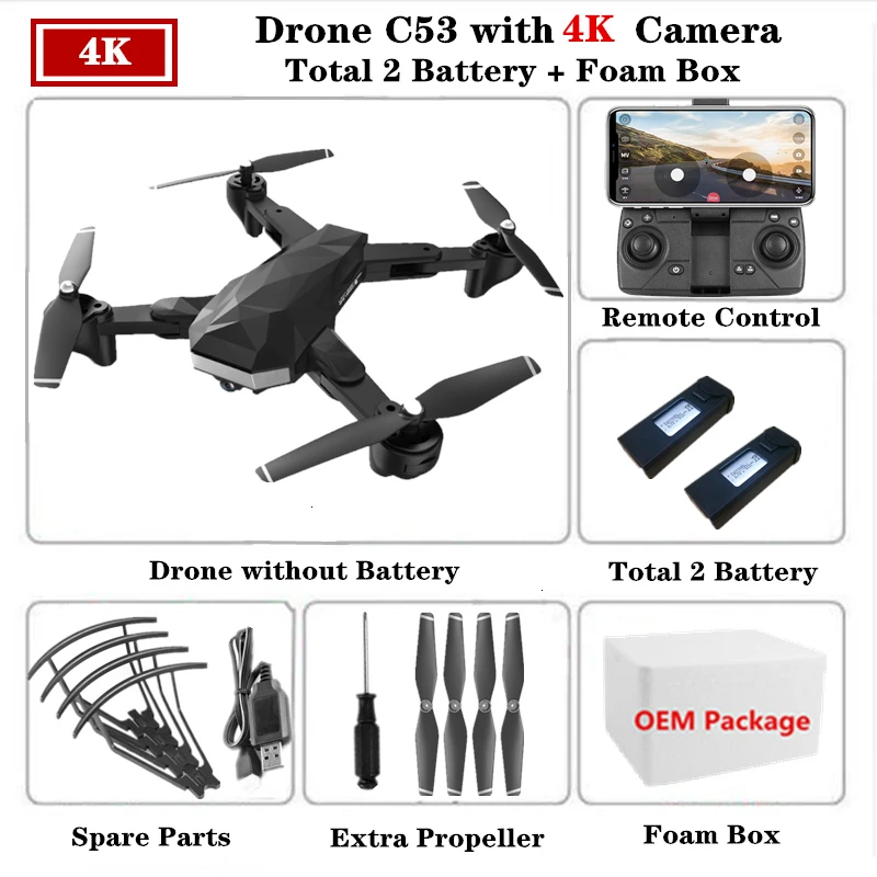 Радиоуправляемый Дрон C53 Дроны для селфи с 4K HD Двойная камера оптический поток следующий Квадрокоптер складной Квадрокоптер Дрон VS XS809S XS816 - Цвет: 4K-Foam Box-2