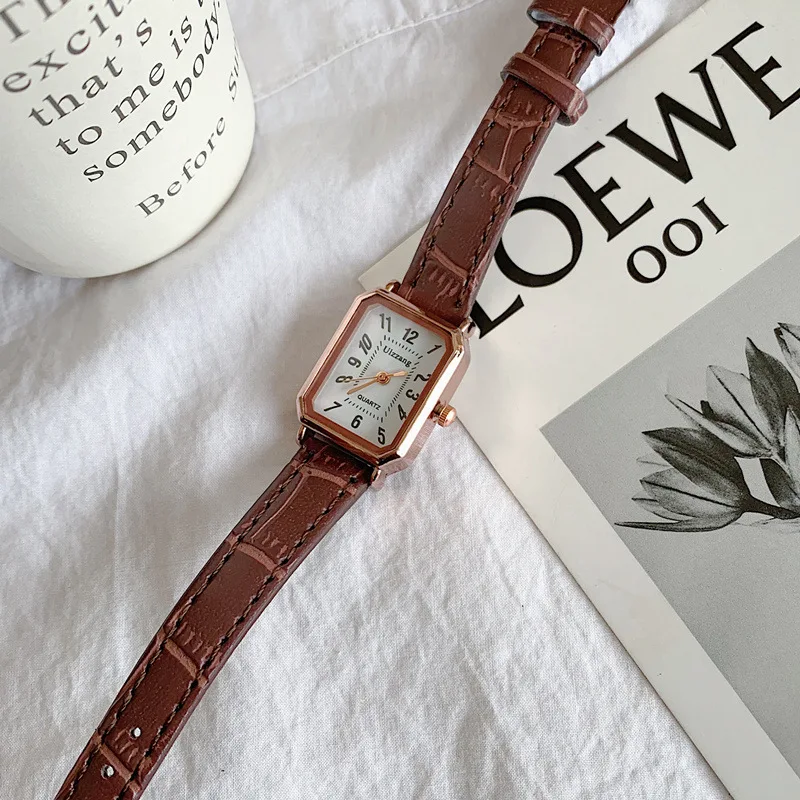 Women Watch Clock Dial Rectangle Vintage Leather Number Brand Ulzzang Brown Simple