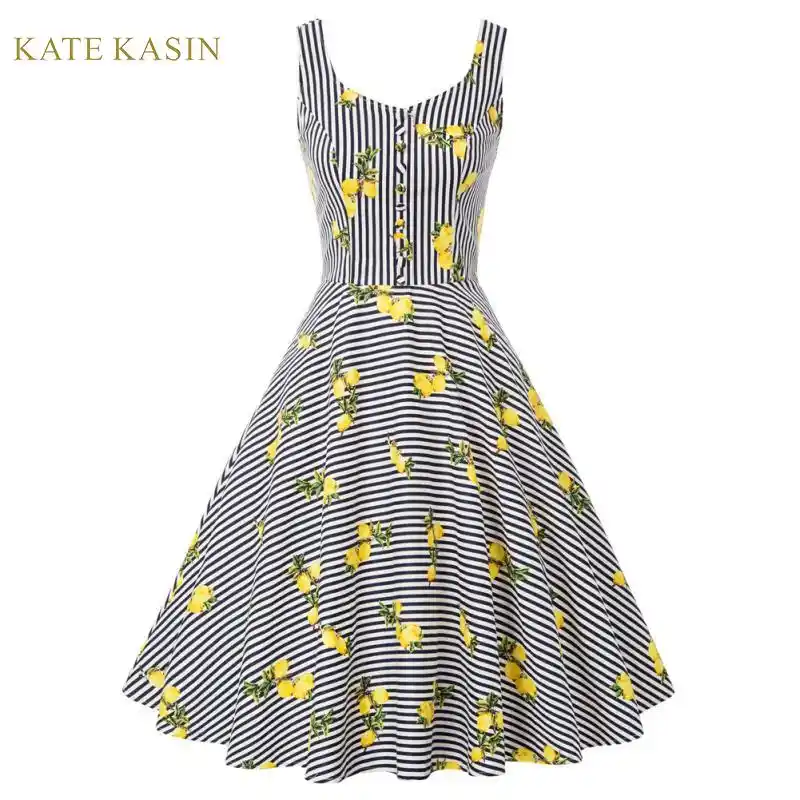 Kate Kasin Women Skater Dress Vintage V-Neck Sleeveless A-Line Swing Dress for Party Cocktail KKE02209