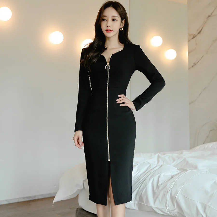 black bodycon dress with zip up front