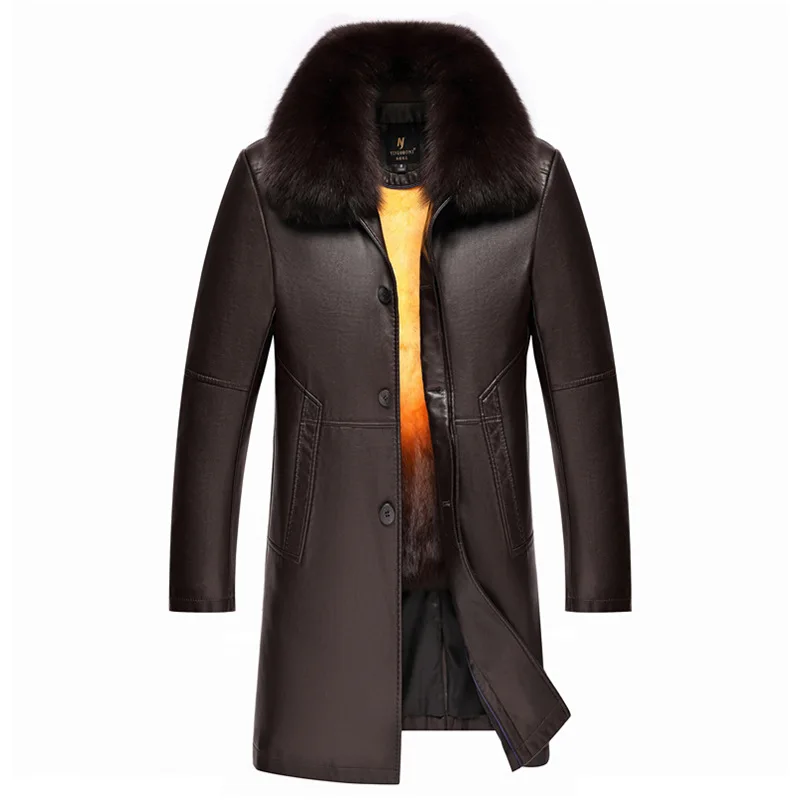 Mens Winter Leather Jacket Fox Fur Collar Long Rabbit Coats Hoodies Windbreaker Jackets Thick Warm Outerwear Snow Tops 4XL | Мужская